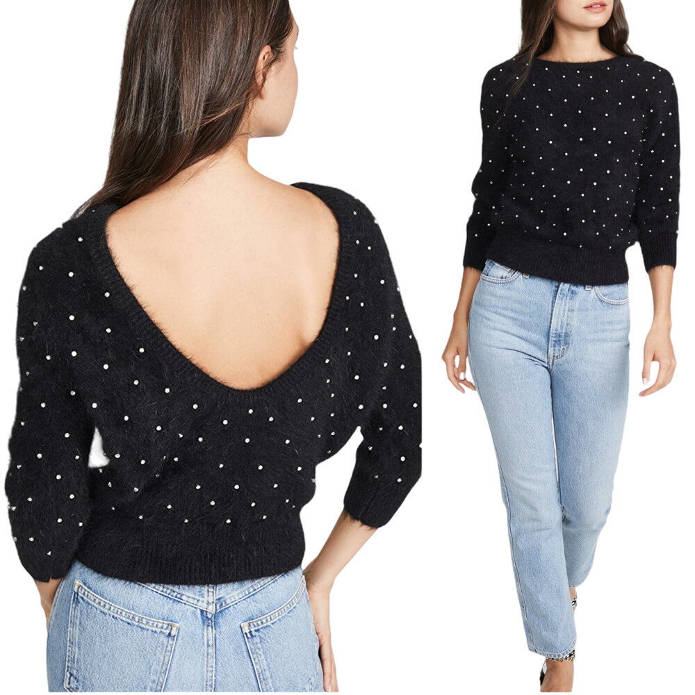 BA&SH Amby Sweater Rhinestones Angora Jumper Black Noir Pull US 4 Small NWT - Picture 1 of 11
